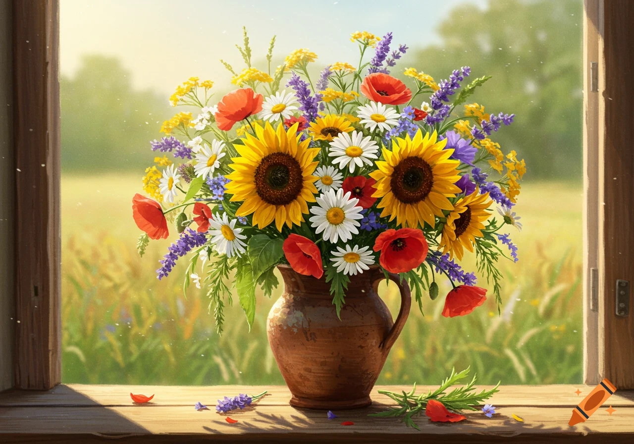 A vibrant bouquet of sunflowers, poppies, daisies, and lavender in a rustic vase on a wooden windowsill, with a sunny field outside.