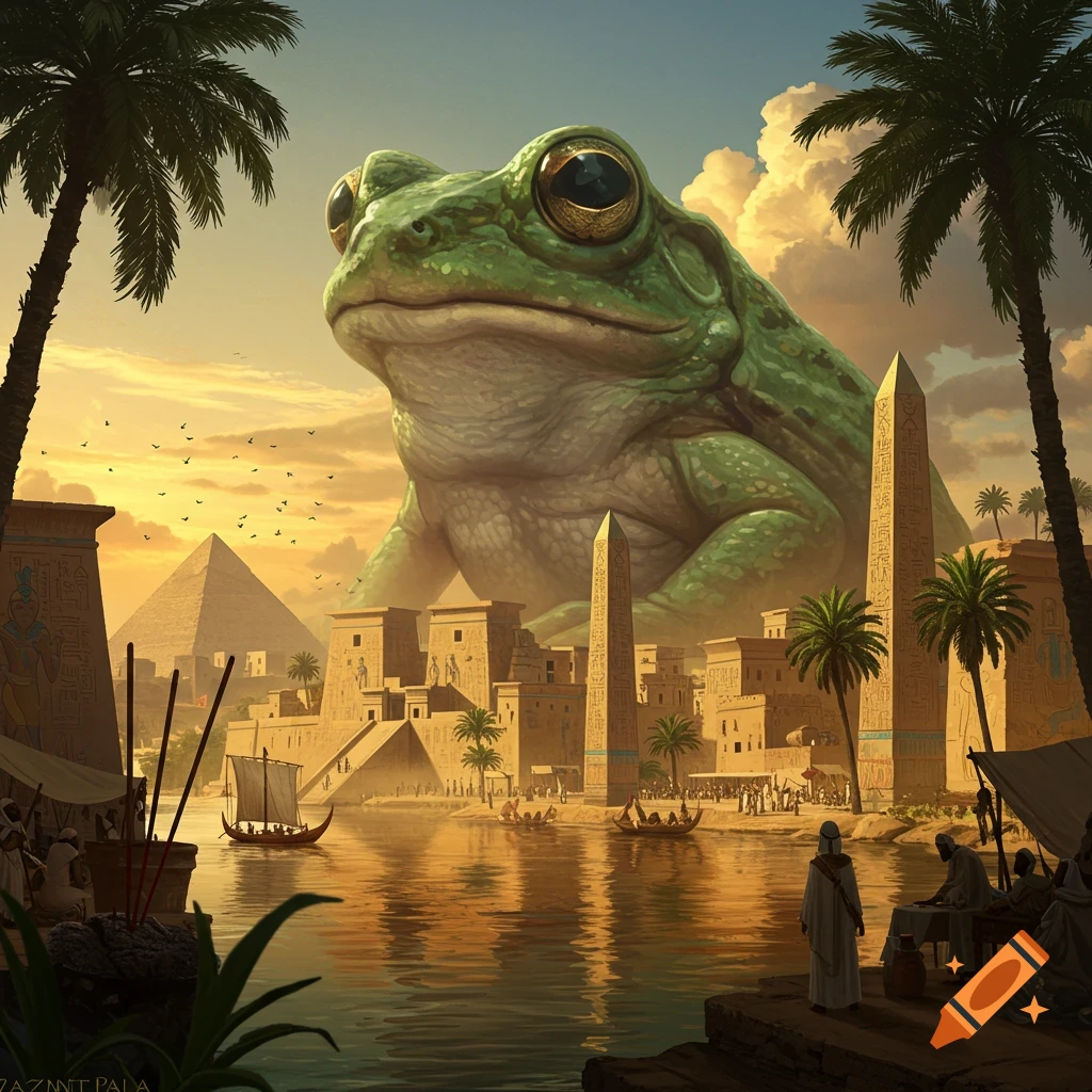 A gigantic green frog towers over an ancient Egyptian city with pyramids, temples, and obelisks along the Nile River at sunset, with palm trees framing the scene.