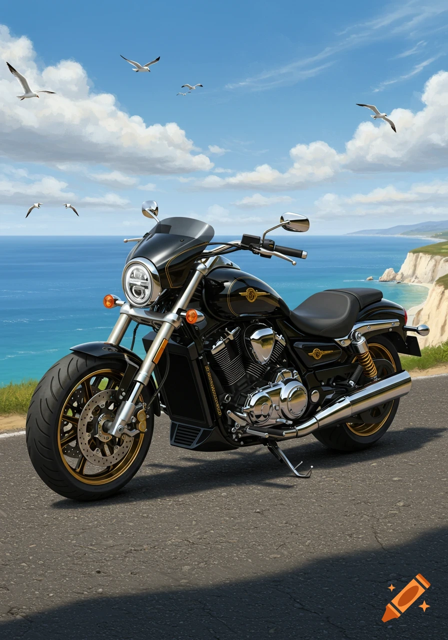A black and gold cruiser motorcycle on a coastal road overlooking a blue ocean with cliffs under a sunny, cloudy sky and flying seagulls.
