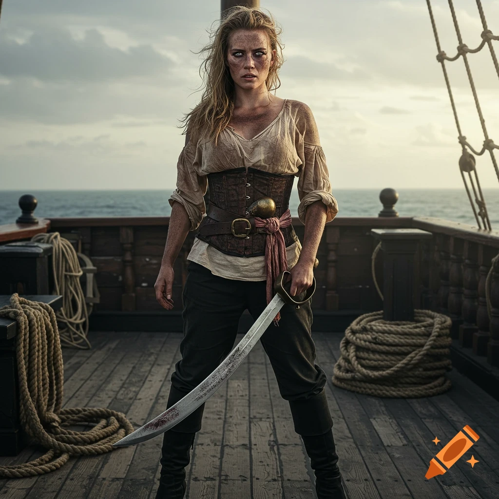 A female pirate with dirty blonde hair and freckles stands on a ship deck, holding a cutlass. The sea and sky are in the background.