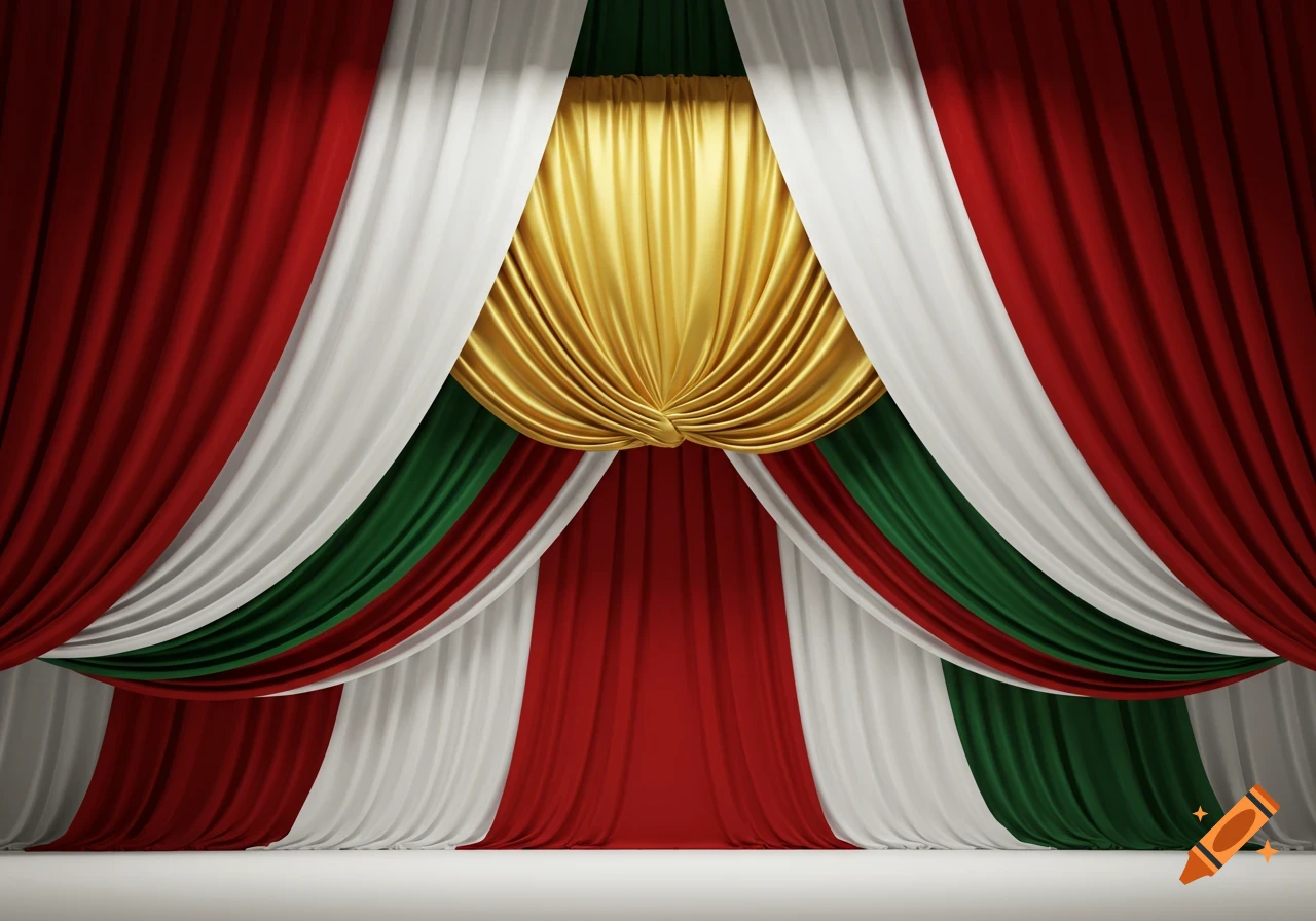 A stage backdrop features red, white, green, and gold drapes arranged in an elegant, theatrical style.