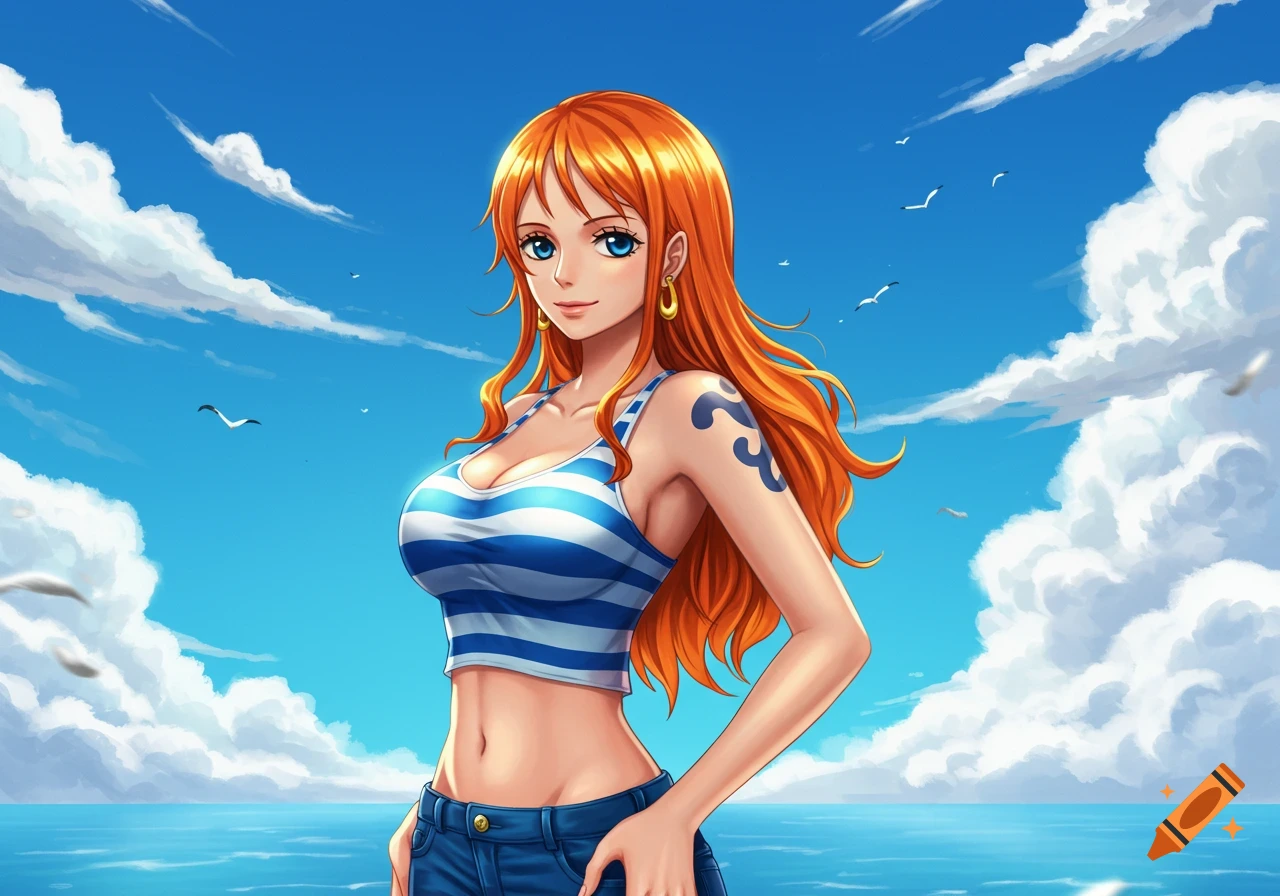 An anime illustration of Nami from One Piece standing by the ocean under a blue sky with clouds, wearing a striped top and jeans.