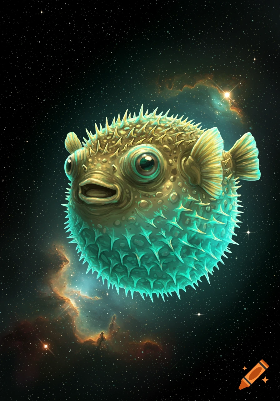 A spiky, glowing pufferfish floats through dark outer space, surrounded by stars and colorful nebulae.