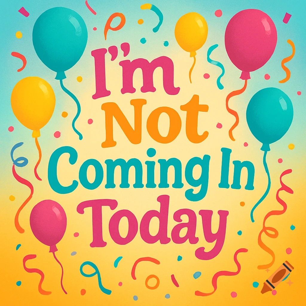 Colorful graphic with balloons, confetti, and streamers, stating "I'm Not Coming In Today" in playful, multi-colored fonts.
