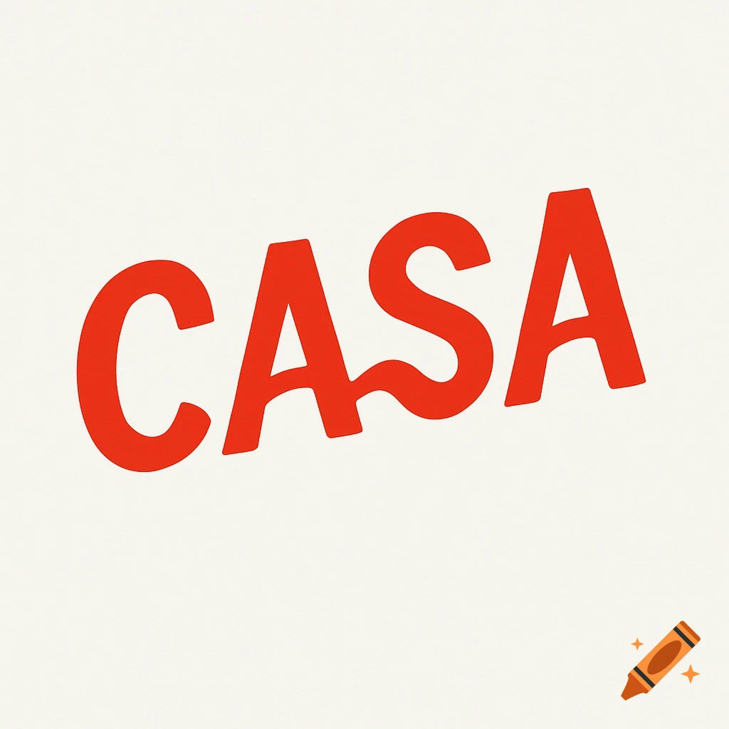 The word CASA in red, squiggly letters, tilted slightly upwards on a white background.