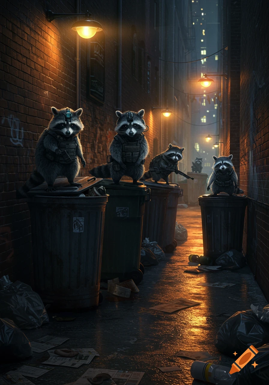 Four raccoons in tactical gear stand on trash cans in a dark, wet urban alley at night, lit by streetlights. Photorealistic style.