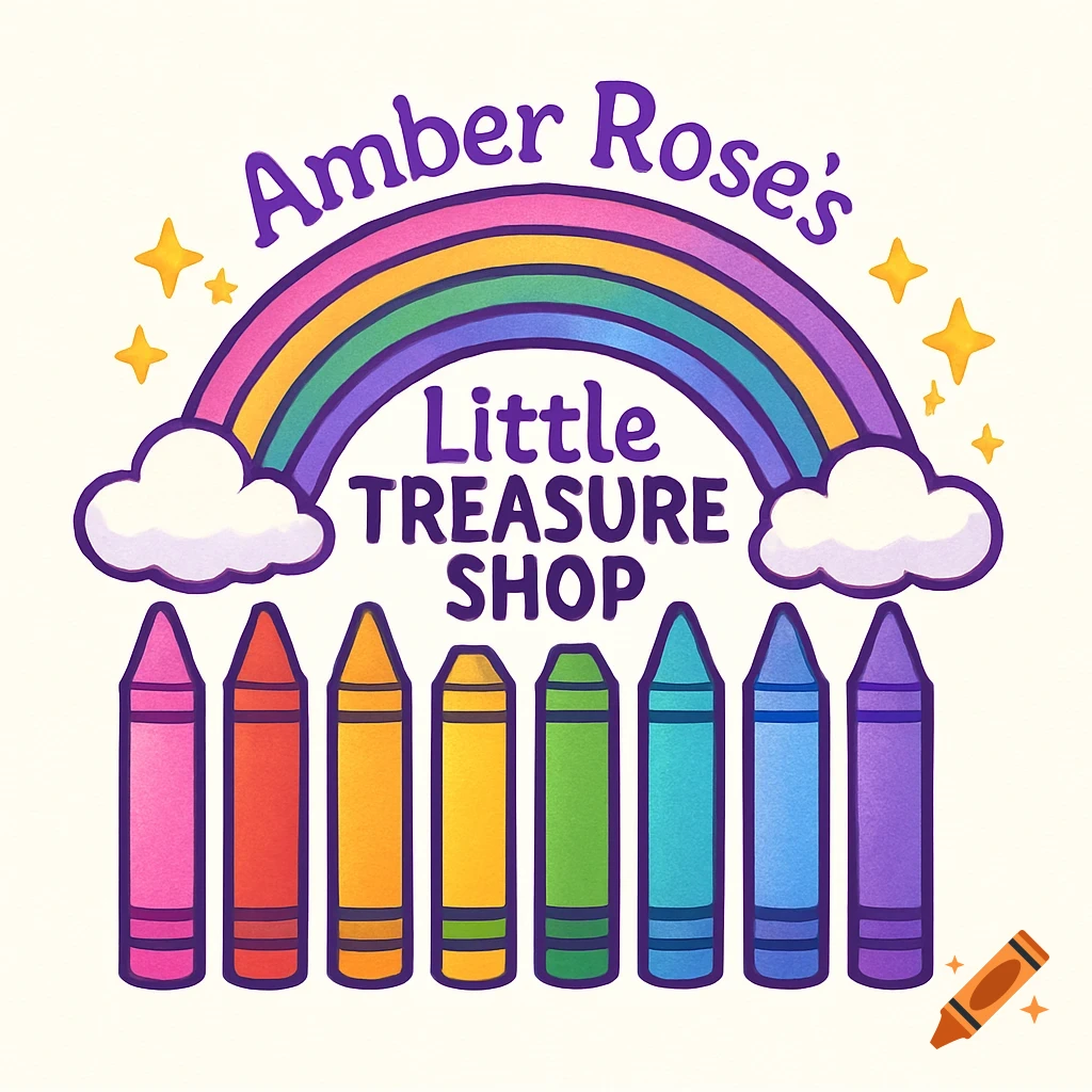 A colorful, child-friendly logo featuring a rainbow, stars, and a row of eight crayons below. The text "Amber Rose's" arches above the rainbow, and "Little TREASURE SHOP" is centered below the rainbow.