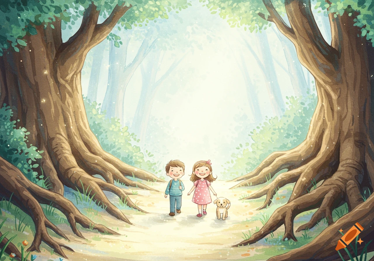 A watercolor illustration of a boy, a girl, and a small dog walking happily on a path through a magical forest with large, gnarled trees.