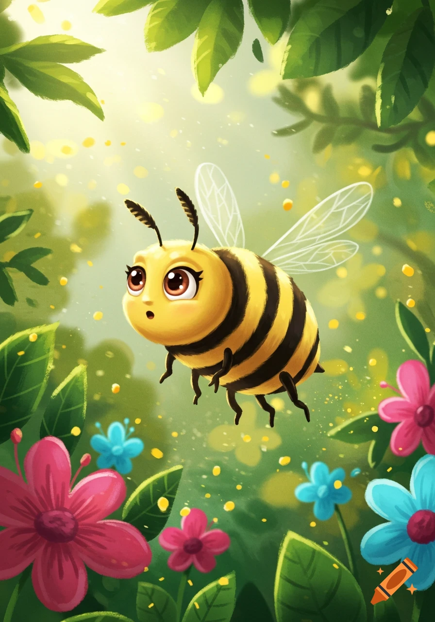 A cute, wide-eyed cartoon bee flies amidst pink and blue flowers and green leaves in a bright, soft forest setting.