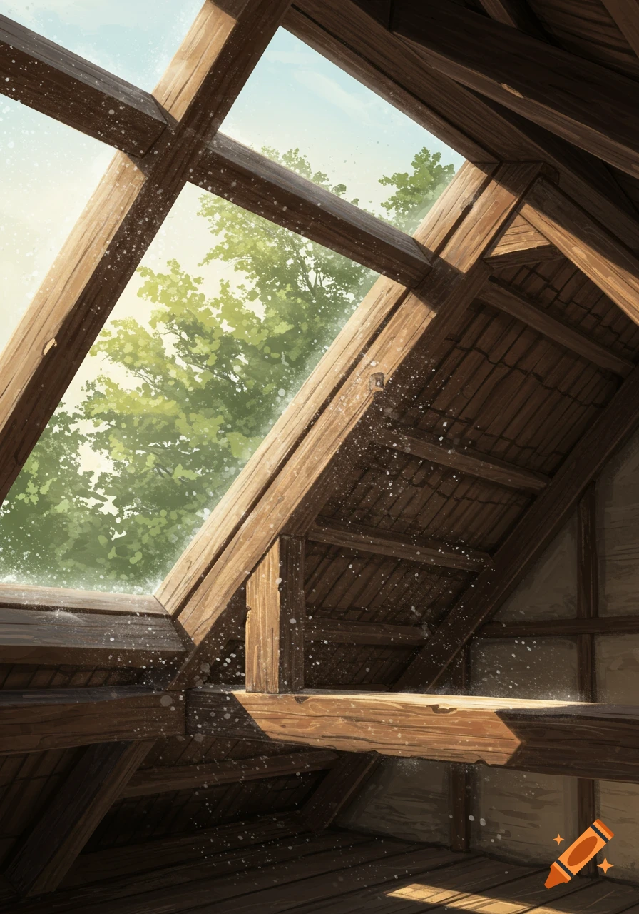 View from inside a wooden roof space looking up through a skylight at green trees and blue sky, with illuminated water droplets in the air. Digital art.