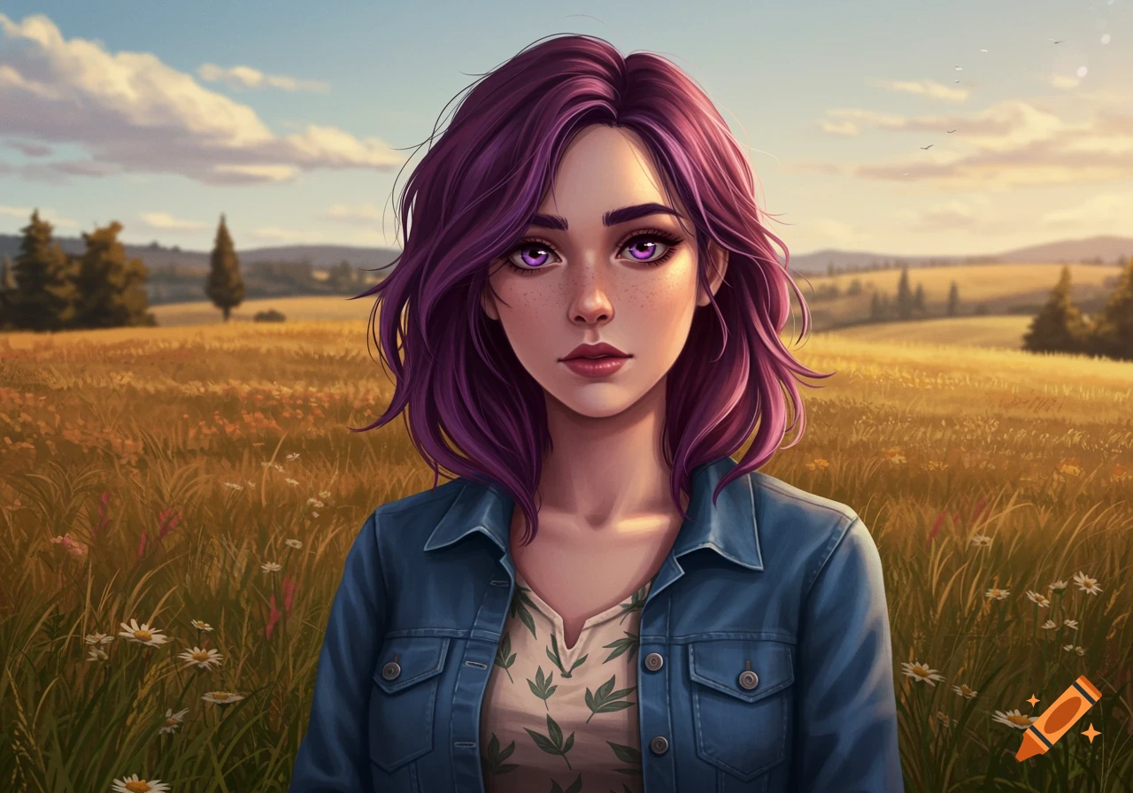 A digital art portrait of a young woman with purple hair and purple eyes, wearing a denim jacket, standing in a sunny field.