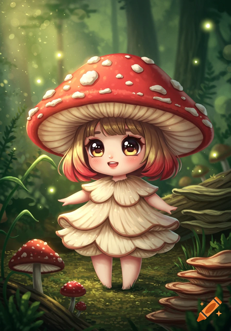 A cute chibi girl with a red mushroom cap and frilled dress stands barefoot in a magical forest.