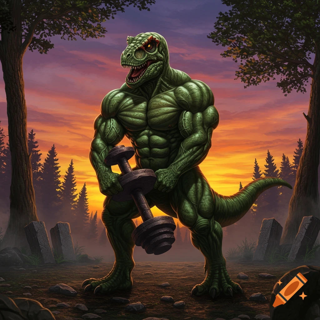 Muscular green T-Rex lifting a dumbbell in a forest at sunset, rendered in a detailed fantasy illustration style.