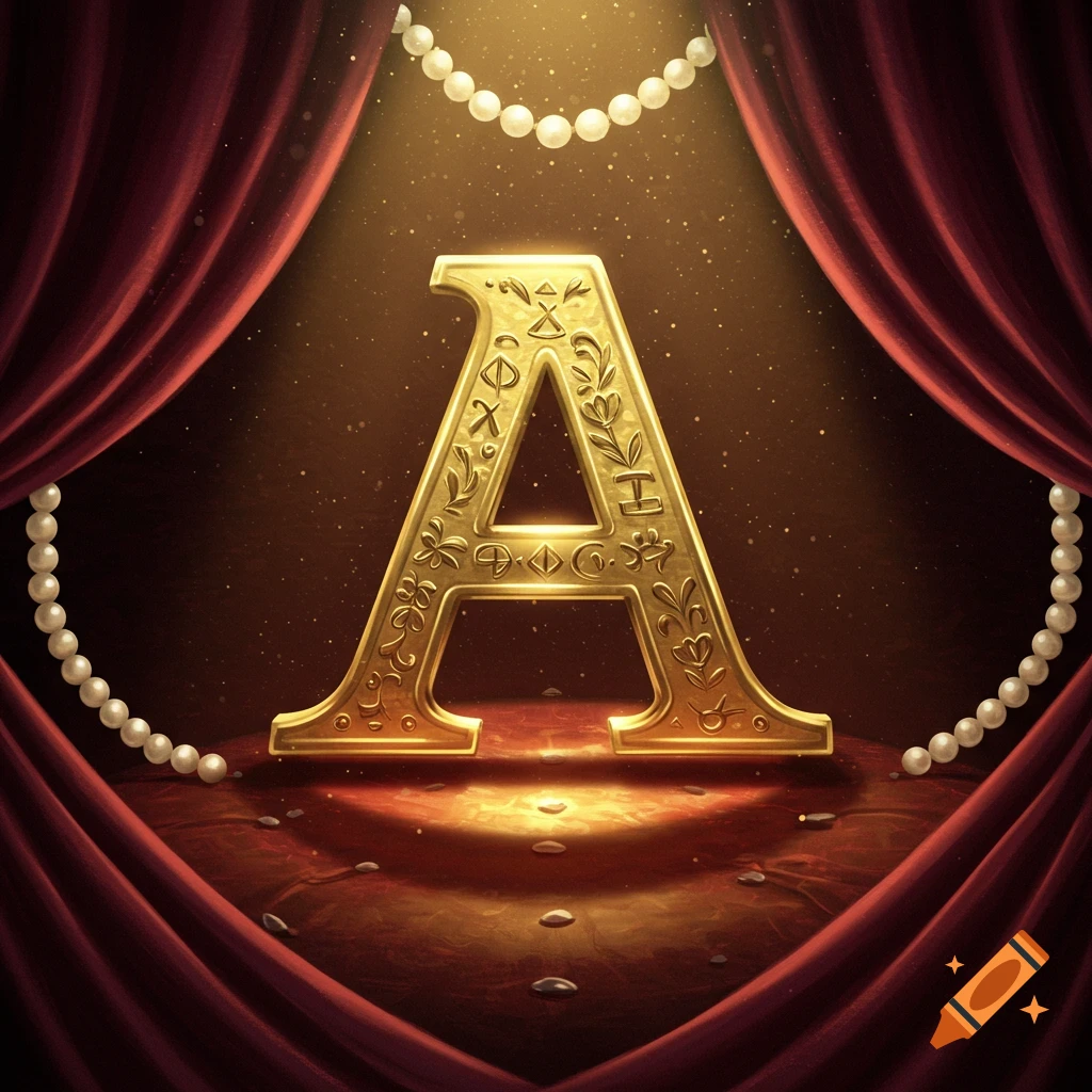 An ornate golden letter A stands center stage between red velvet curtains and draped pearls, bathed in a golden spotlight.