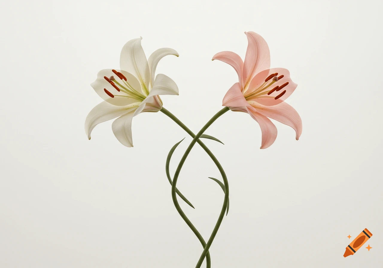 A photorealistic image of a white lily and a pink lily with their stems intertwined against a light background.