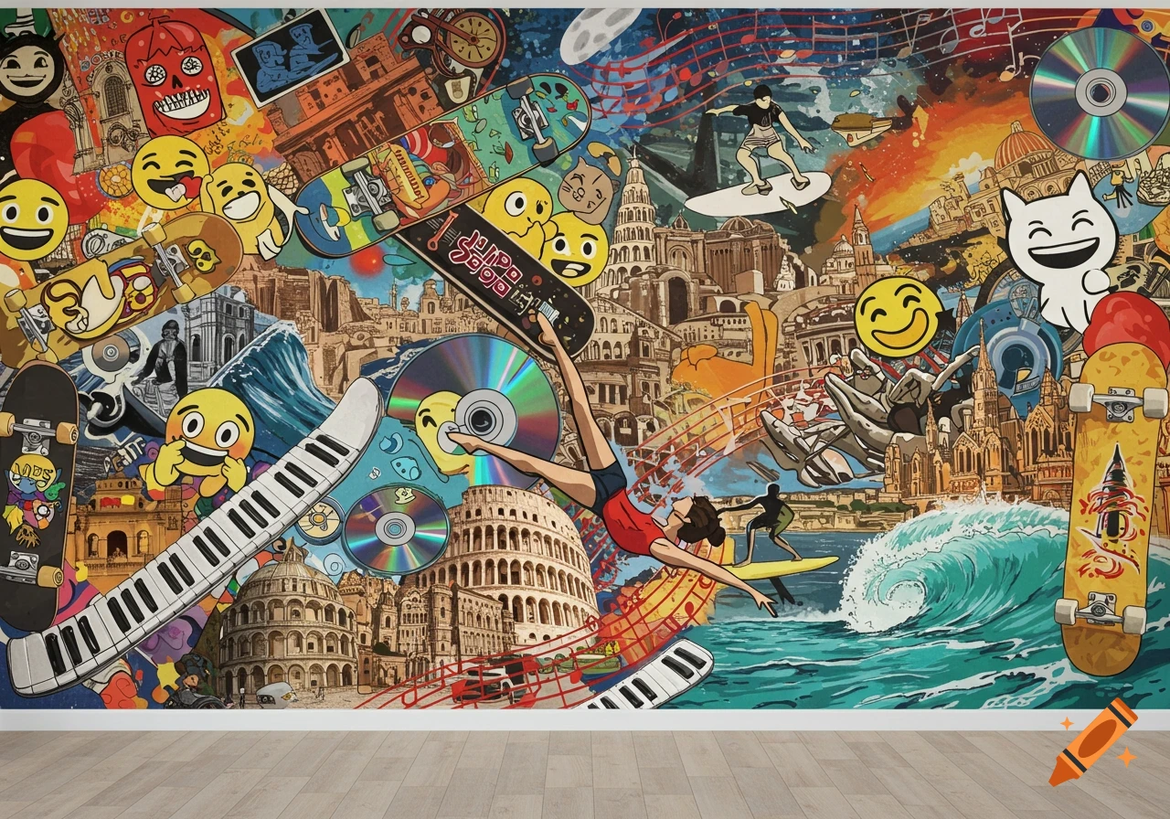 Colorful doodle wall mural with skateboards, emojis, musical elements, ancient architecture, surfers, and cats.