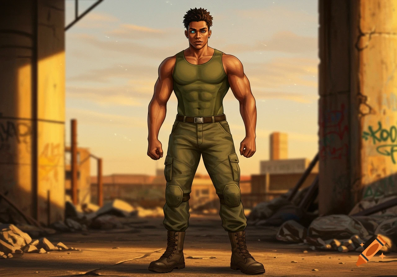 A muscular man with short black hair and one glowing blue eye stands in a combat tank top and cargo pants in an urban wasteland, comic book style.
