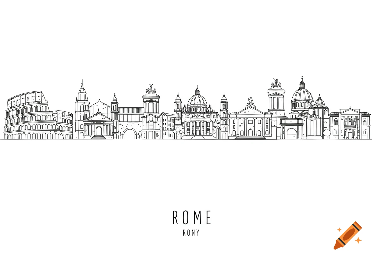 Minimal black-and-white line art illustration of the Rome, Italy skyline featuring iconic landmarks like the Colosseum and St. Peter's Basilica.