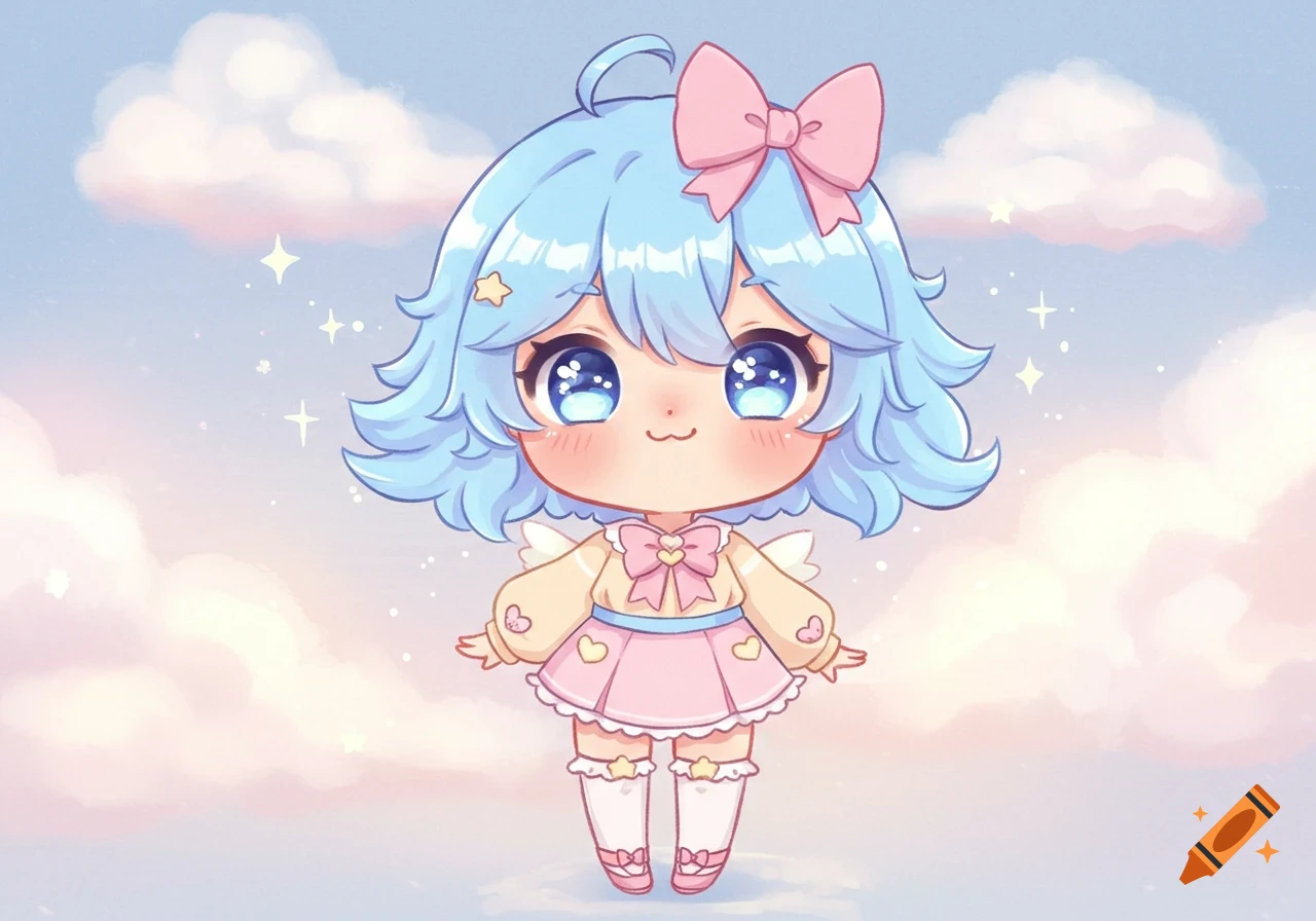A cute chibi character with blue hair, a pink bow, and small wings, standing amidst fluffy pink and white clouds.