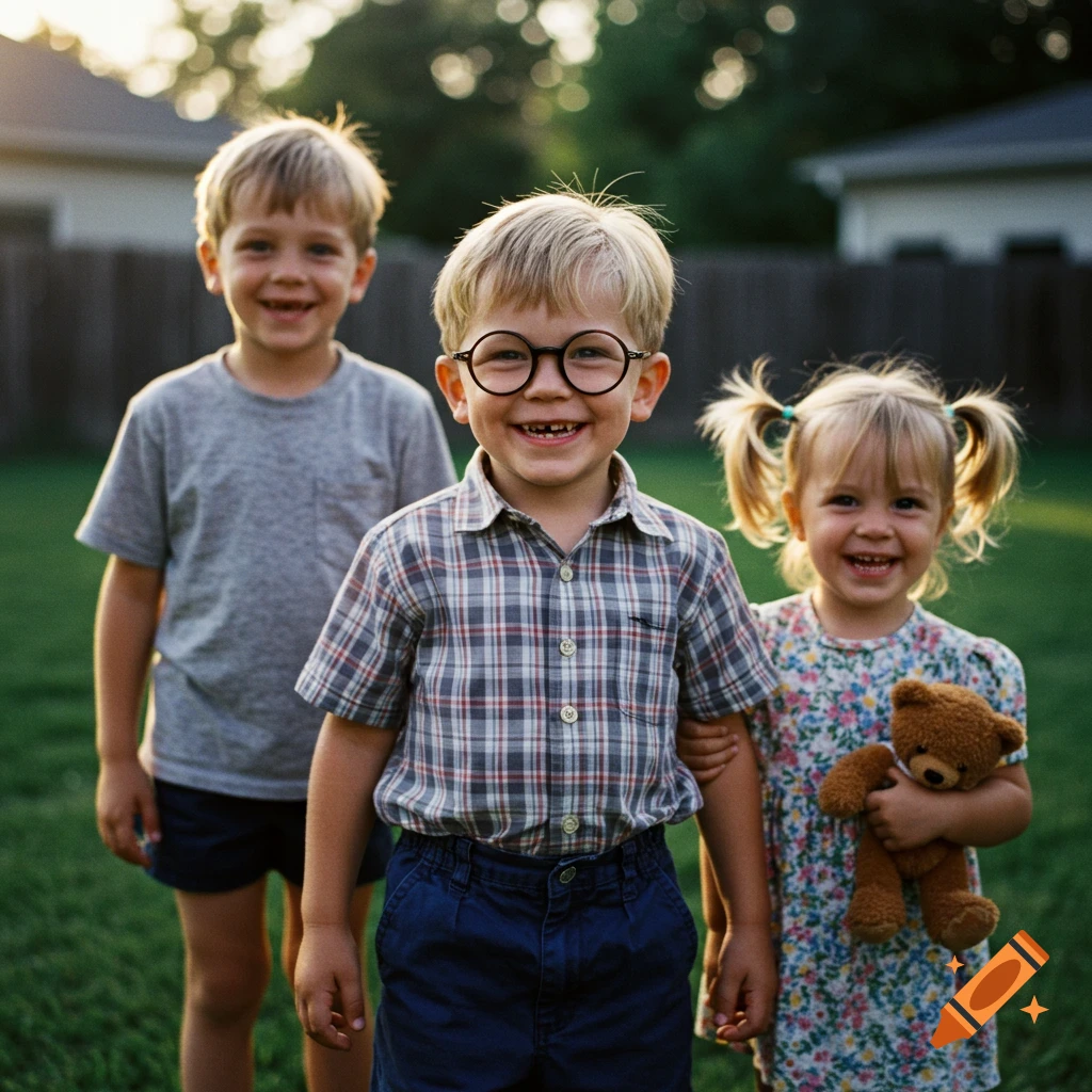 Three smiling children, a boy in glasses with two missing front teeth, his older brother, and younger sister holding a teddy bear, standing in a sunny backyard.