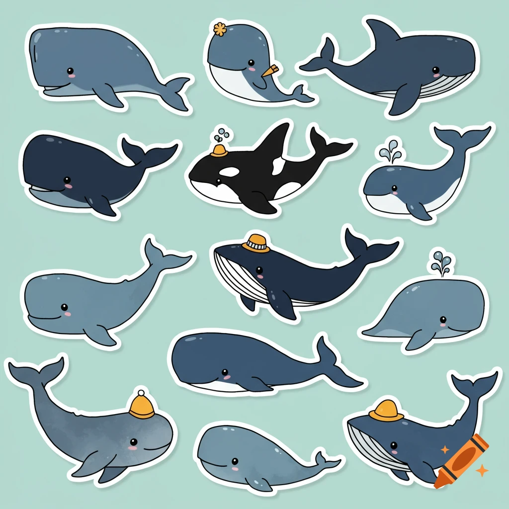 A collection of cute cartoon whale stickers in various shades of blue and black, with some wearing small hats, against a light blue background.