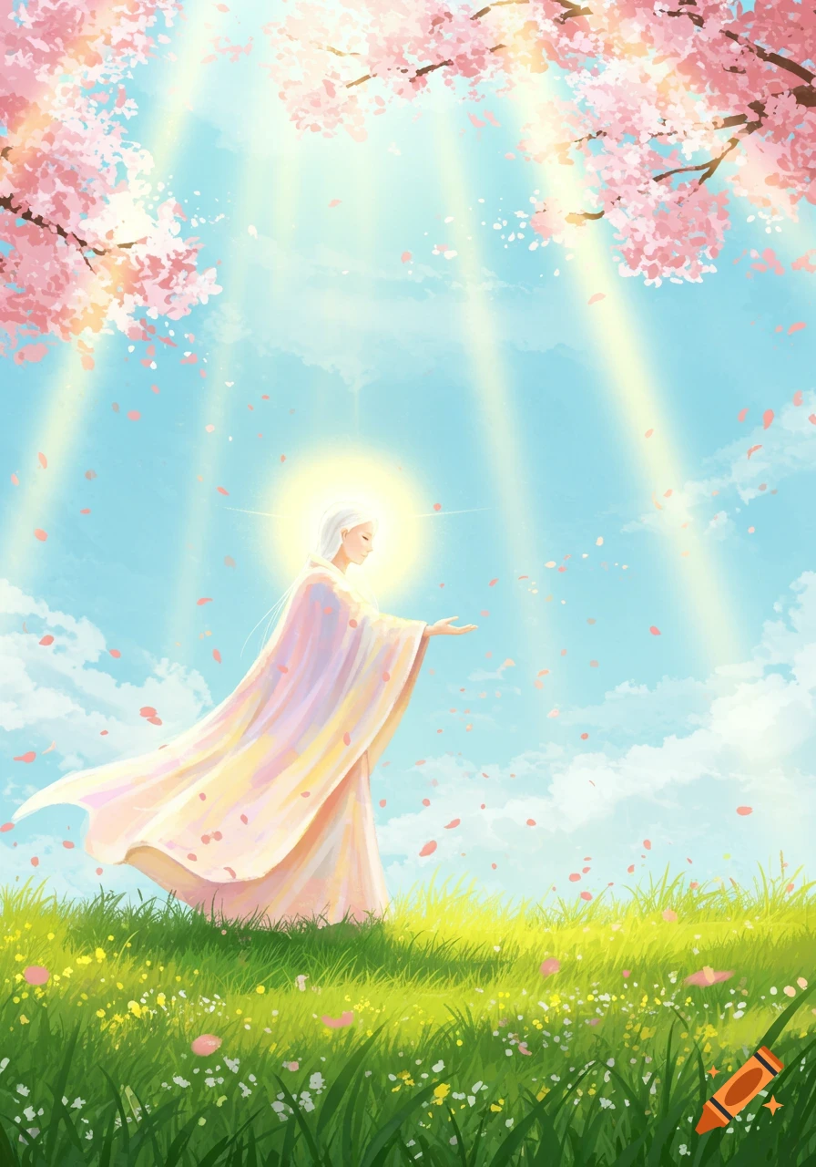A serene figure with a halo stands in a field of green grass under cherry blossoms, bathed in sunlight.