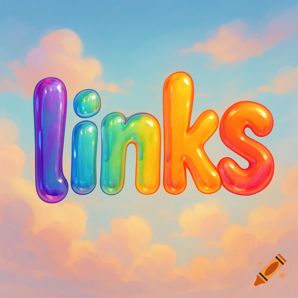 The word 'links' in vibrant, glossy, bubble letters against a blue sky with pink clouds.