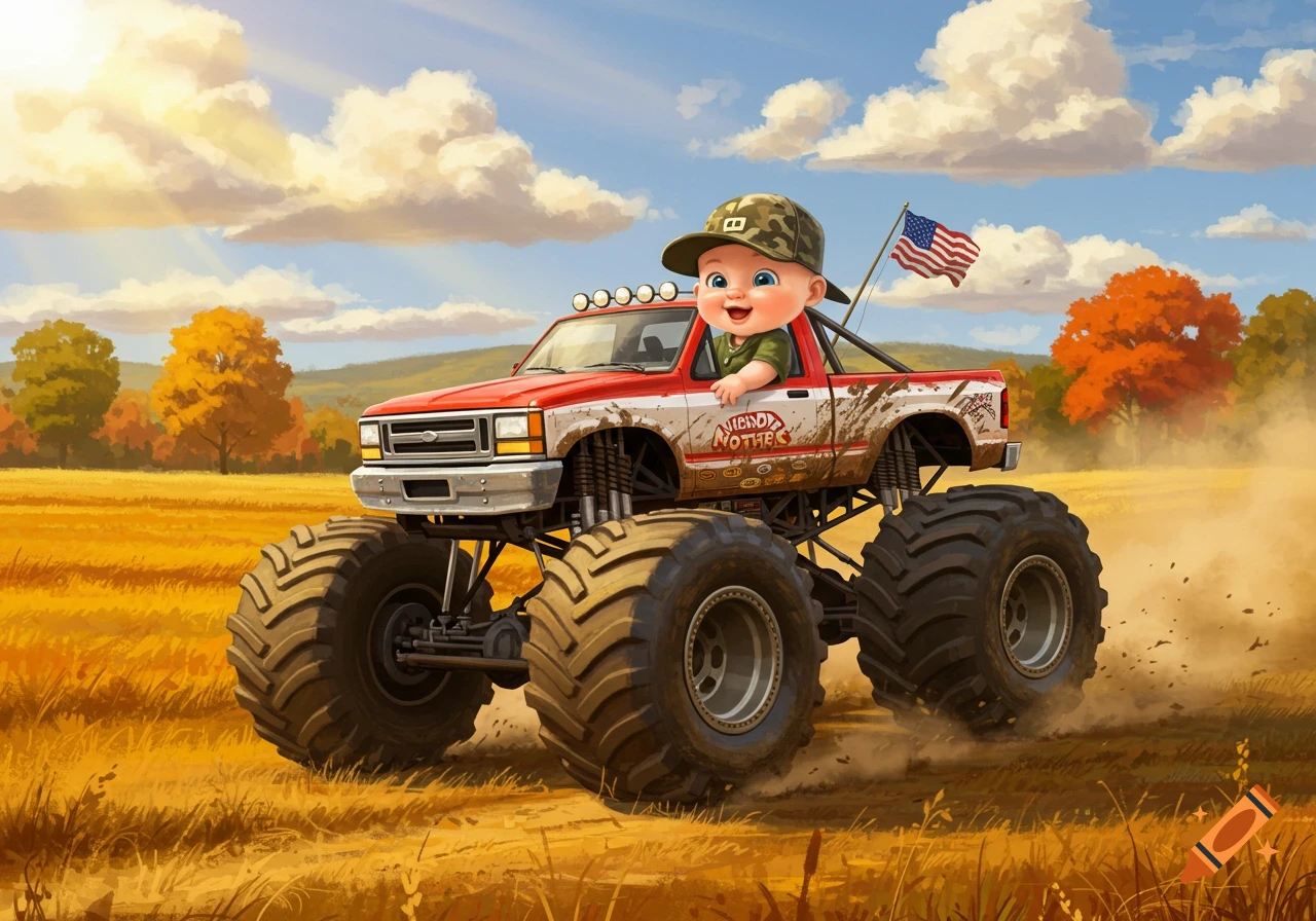 A cartoon baby in a camouflage hat smiles from a red and white monster truck driving through a golden field under a blue sky with clouds.