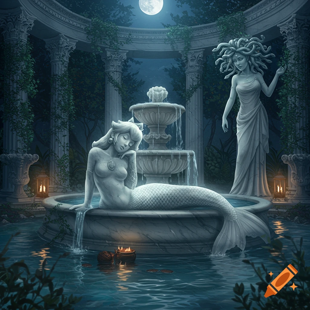A marble mermaid statue of Princess Peach on a fountain in a moonlit classical courtyard with a Medusa statue.