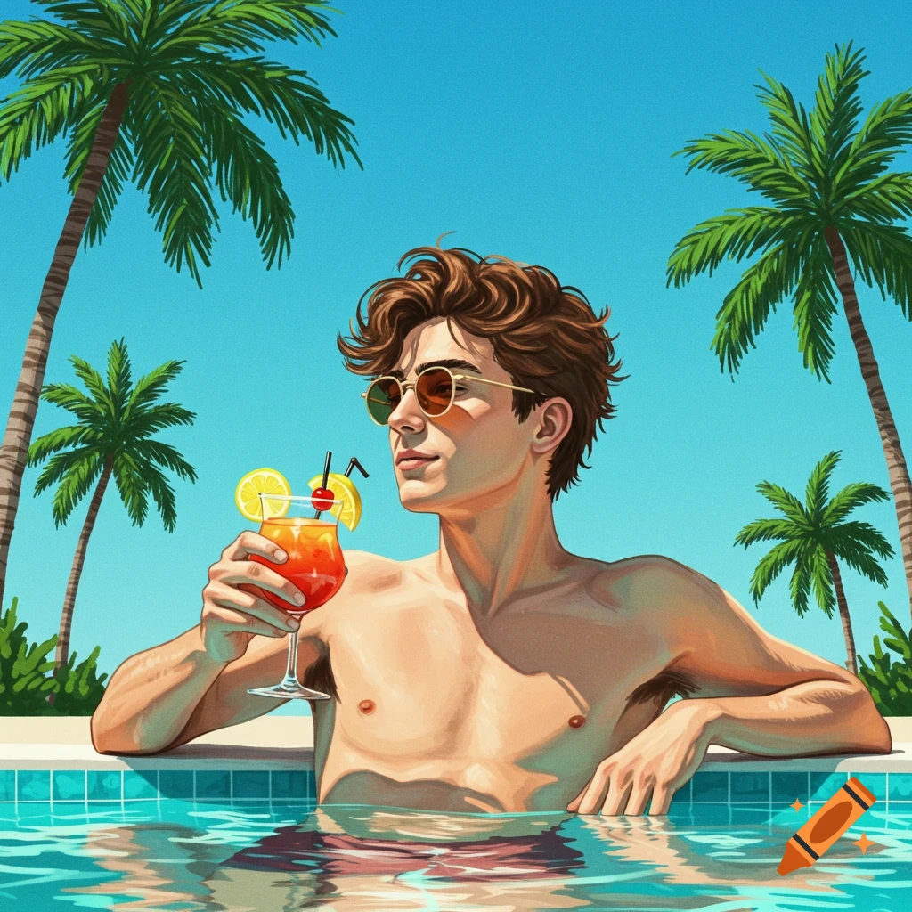Stylized digital portrait of a young man in sunglasses holding a cocktail in a pool with palm trees.