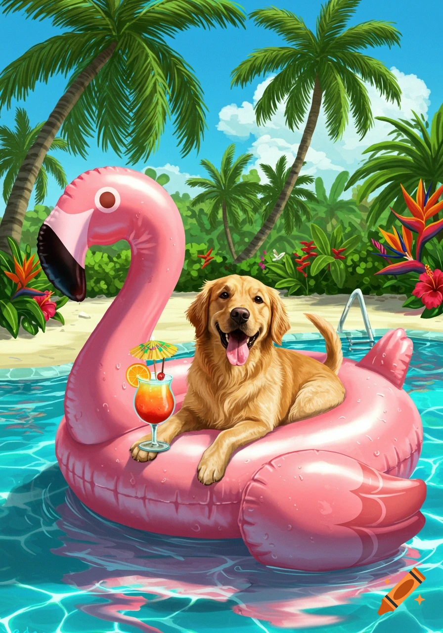 An illustrated golden retriever dog happily floats on a pink flamingo pool float, holding a tropical drink in a pool with palm trees.