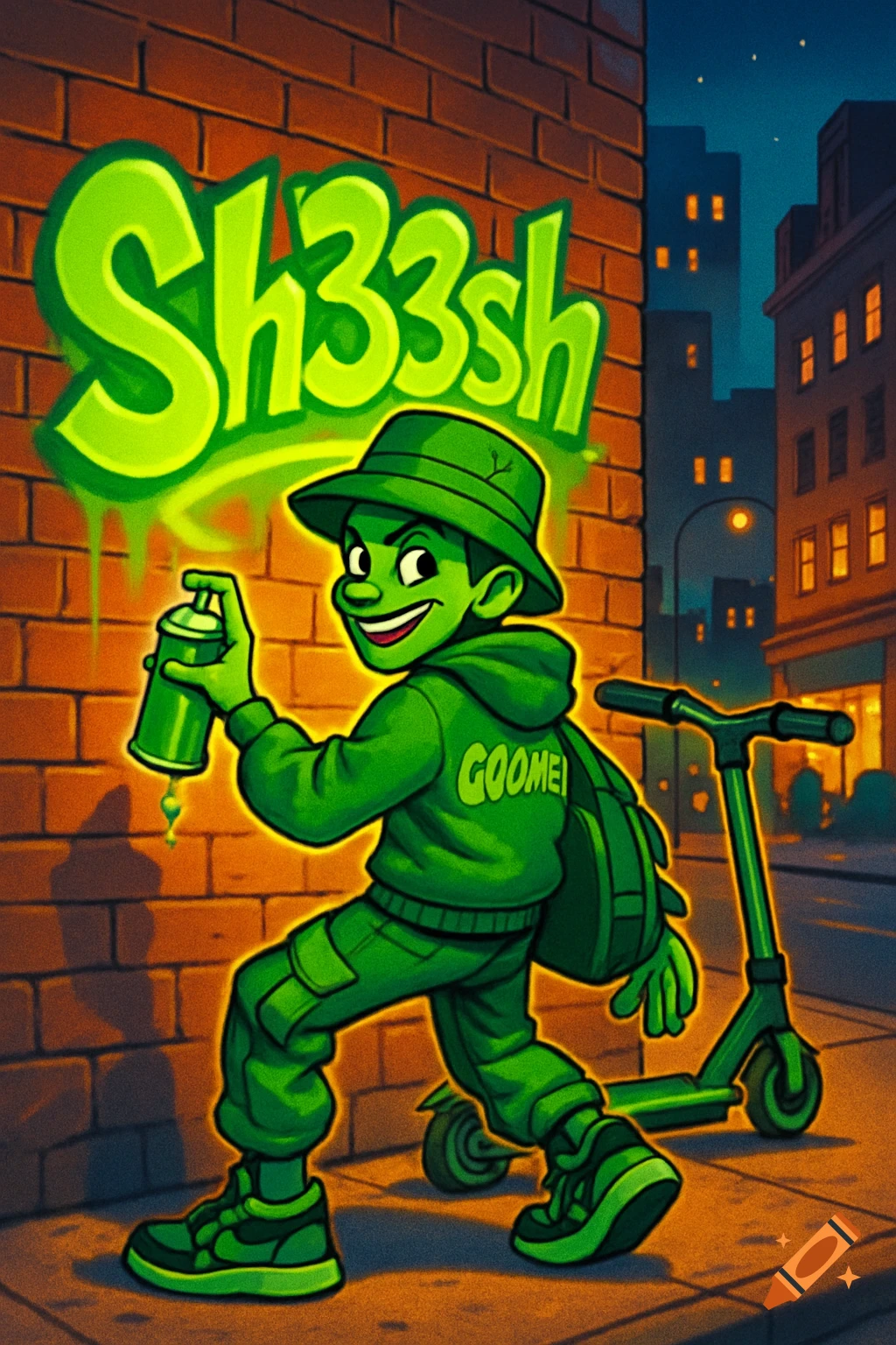 A vibrant cartoon character in a green outfit sprays 'Sh33sh' graffiti on a brick wall in an urban setting at dusk, with a scooter nearby.