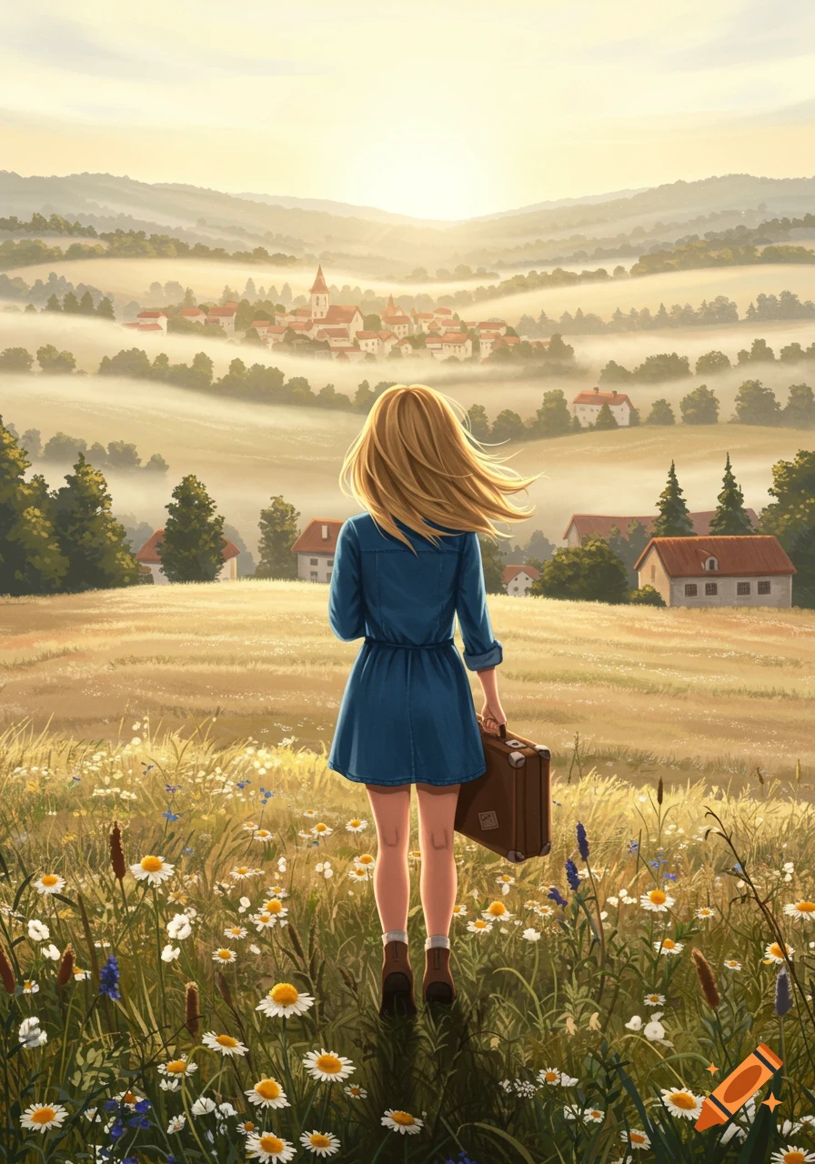 An illustration of a blonde girl in a blue dress, seen from behind, holding a suitcase and looking over a misty valley towards a small town at sunrise or sunset.