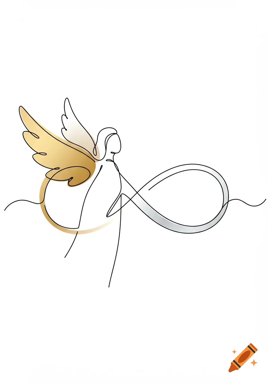 A minimalist single-line drawing of an angel with gold wings, holding a silver infinity symbol.