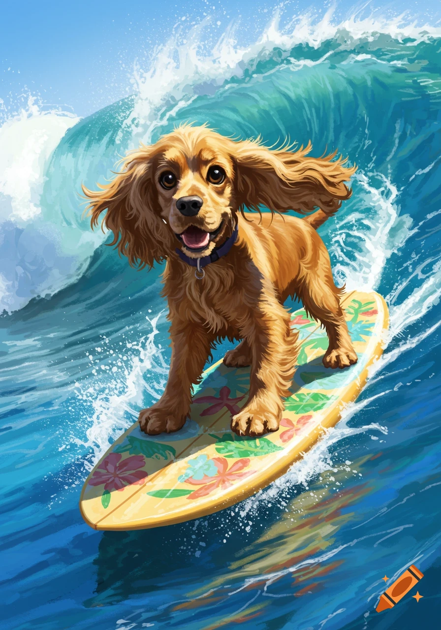 A happy cocker spaniel dog surfs on a yellow surfboard with floral designs, riding a large blue wave under a bright sky, in an illustrated style.