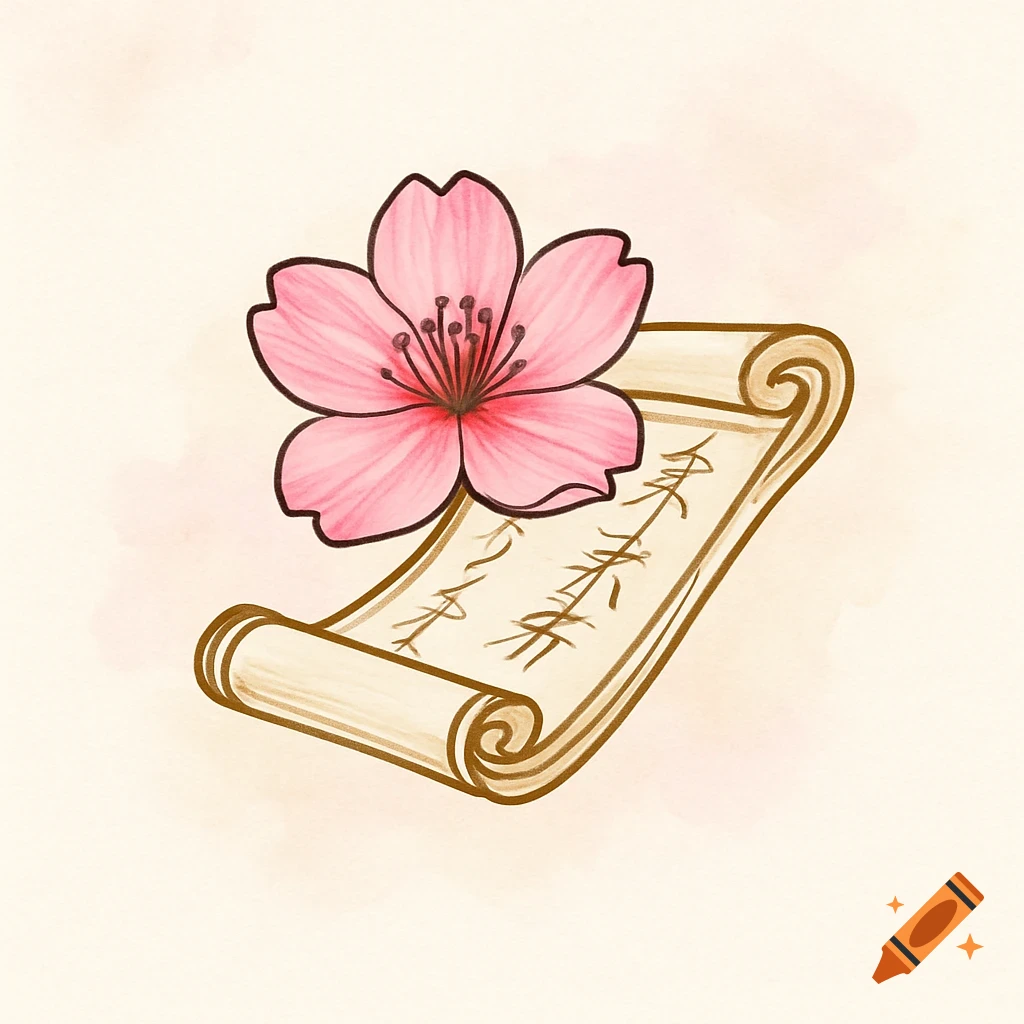 A pink cherry blossom flower rests on an unrolled scroll with illegible Asian-style text, in an illustrative style.