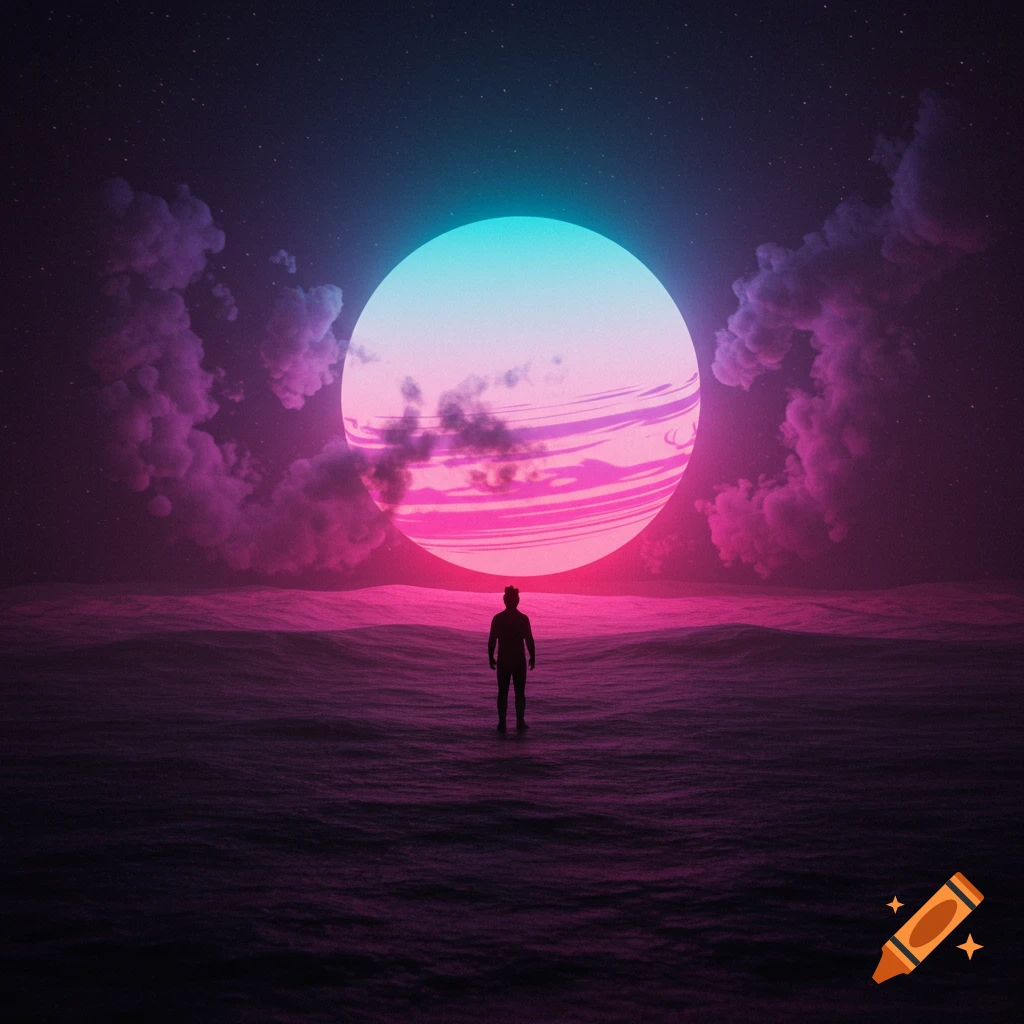 A silhouette person stands in dark water before a large glowing pink and blue planet under a starry night.