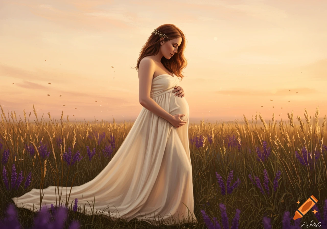 A pregnant woman in a white dress stands in a field of tall grass and purple flowers at sunset, looking down at her belly.