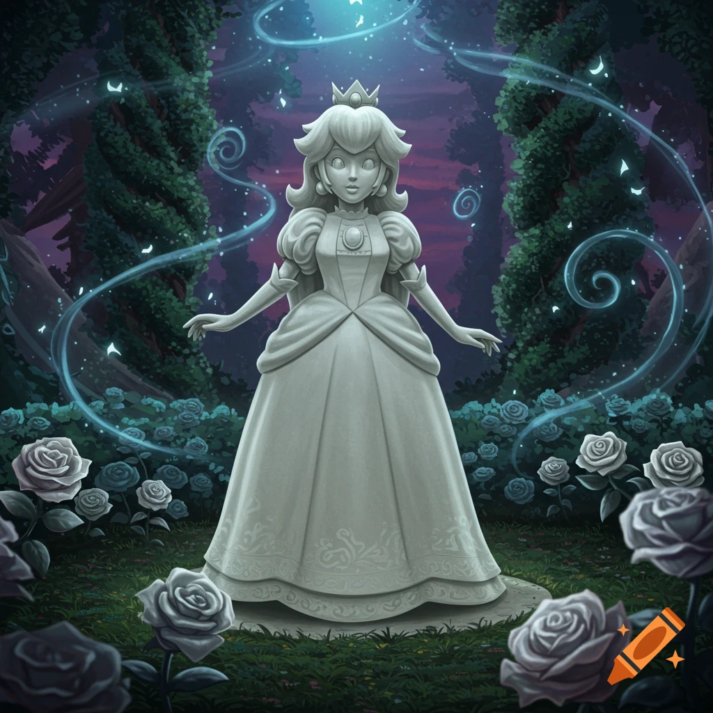 A stylized illustration of a stone statue of Princess Peach standing in a dark, magical garden with swirling blue energy and white roses.