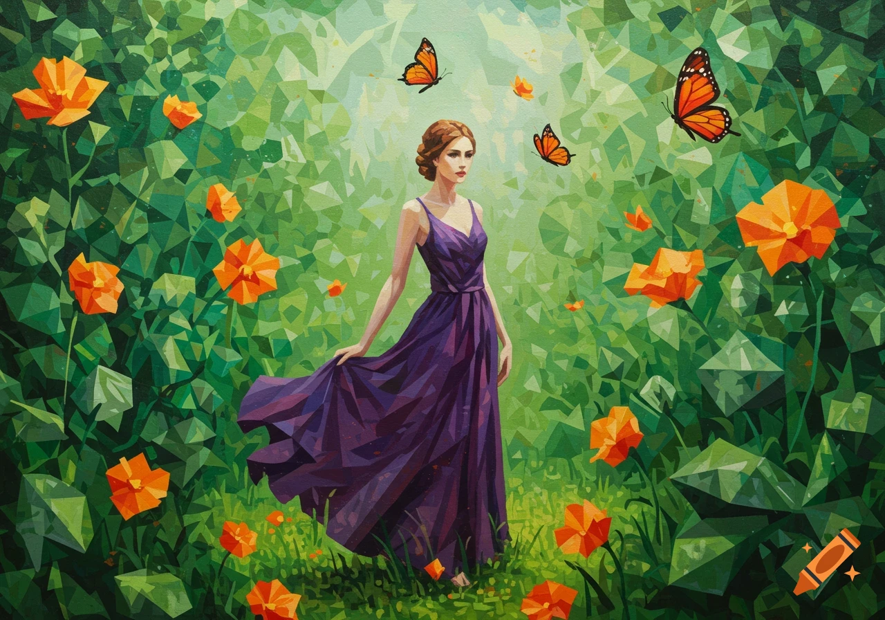 Cubist painting of a woman in a purple dress standing in a vibrant green garden with geometric orange flowers and butterflies.