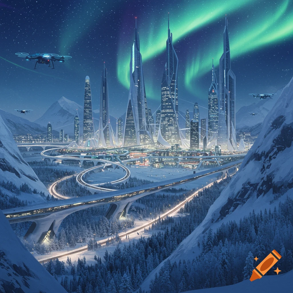 A vibrant futuristic city with towering skyscrapers nestled in snow-covered mountains, illuminated by the aurora borealis and bright roads.