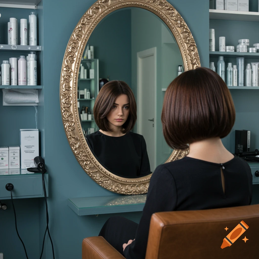 A woman with a new short brown bob hairstyle views her reflection in an ornate gold mirror at a hair salon.