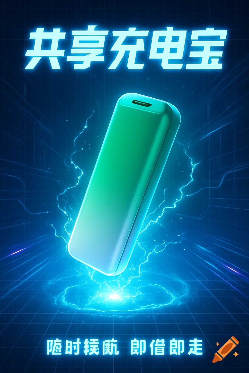 A futuristic advertisement for a shared power bank, with a floating green and white power bank, blue lightning, and Chinese text on a glowing tech grid background.
