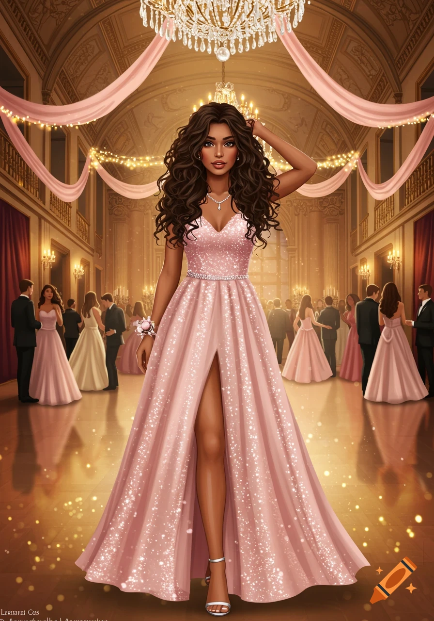 A woman with long curly brown hair wears a sparkling pink prom dress with a high slit, standing in a grand ballroom.