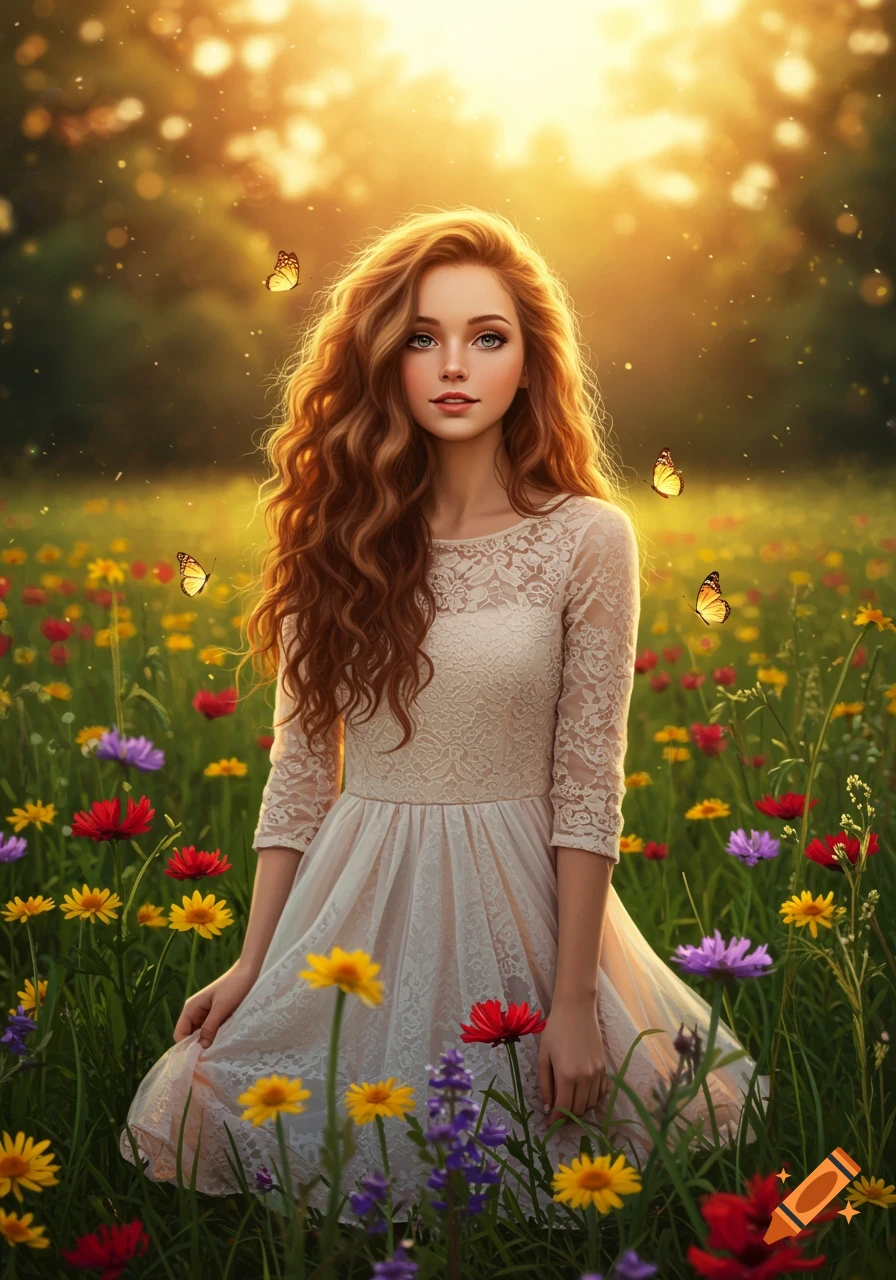 A young woman with long, curly hair kneels in a sunlit field of colorful wildflowers, with butterflies around her.
