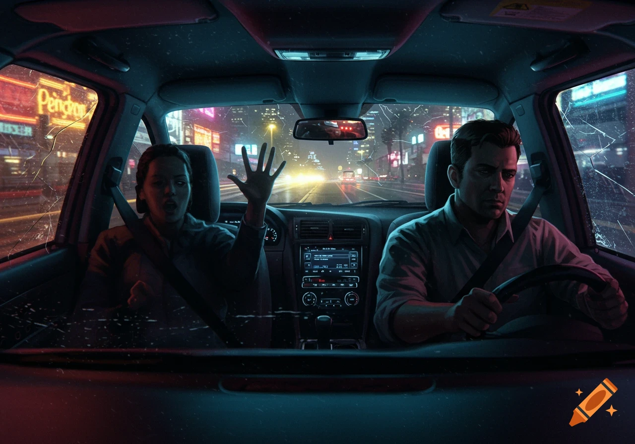 A man drives a car at night in a city with neon lights, while a woman in the passenger seat raises her hand, with a cracked windshield.