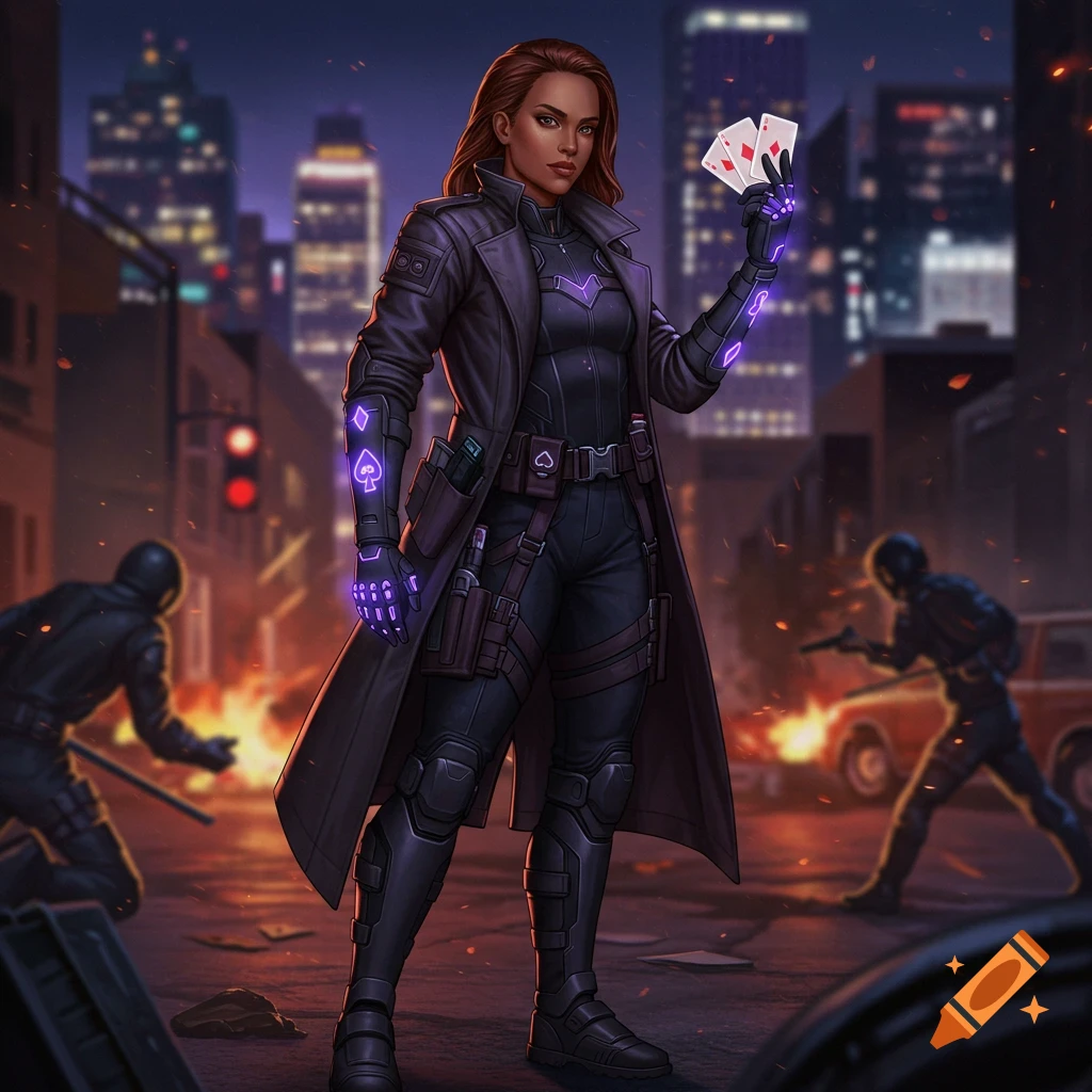 A female superhero in a black and purple suit and trench coat, holding two playing cards, in a burning city street at night.