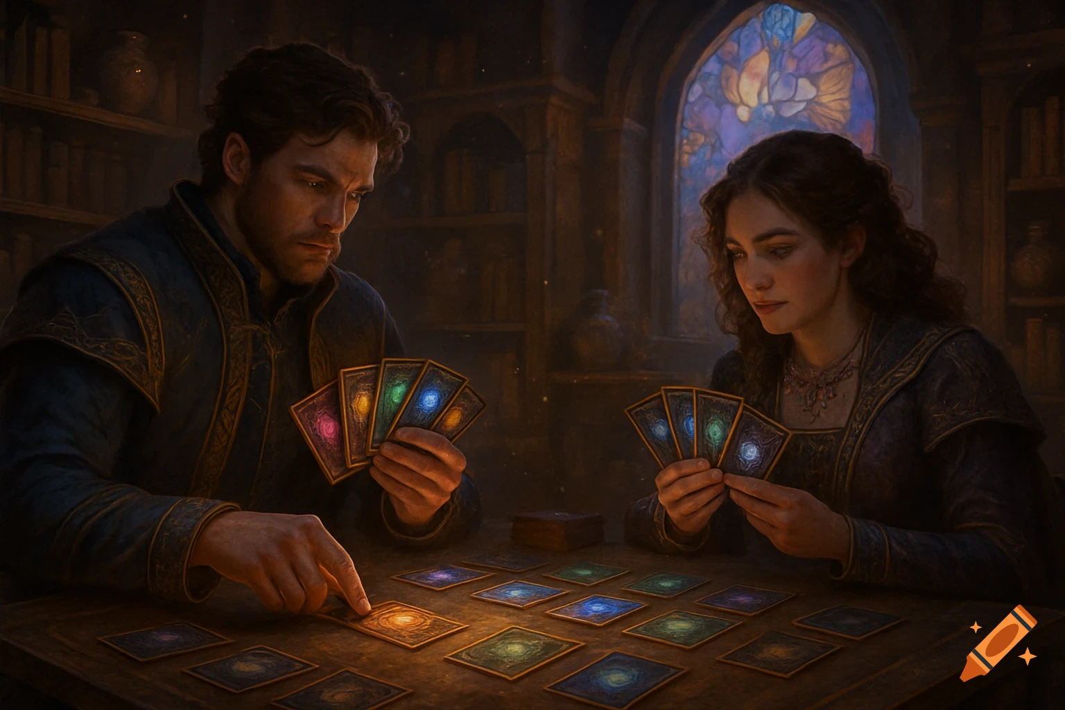 A man and woman in medieval attire playing a card game with glowing cards in a dimly lit, ornate room with a stained-glass window.