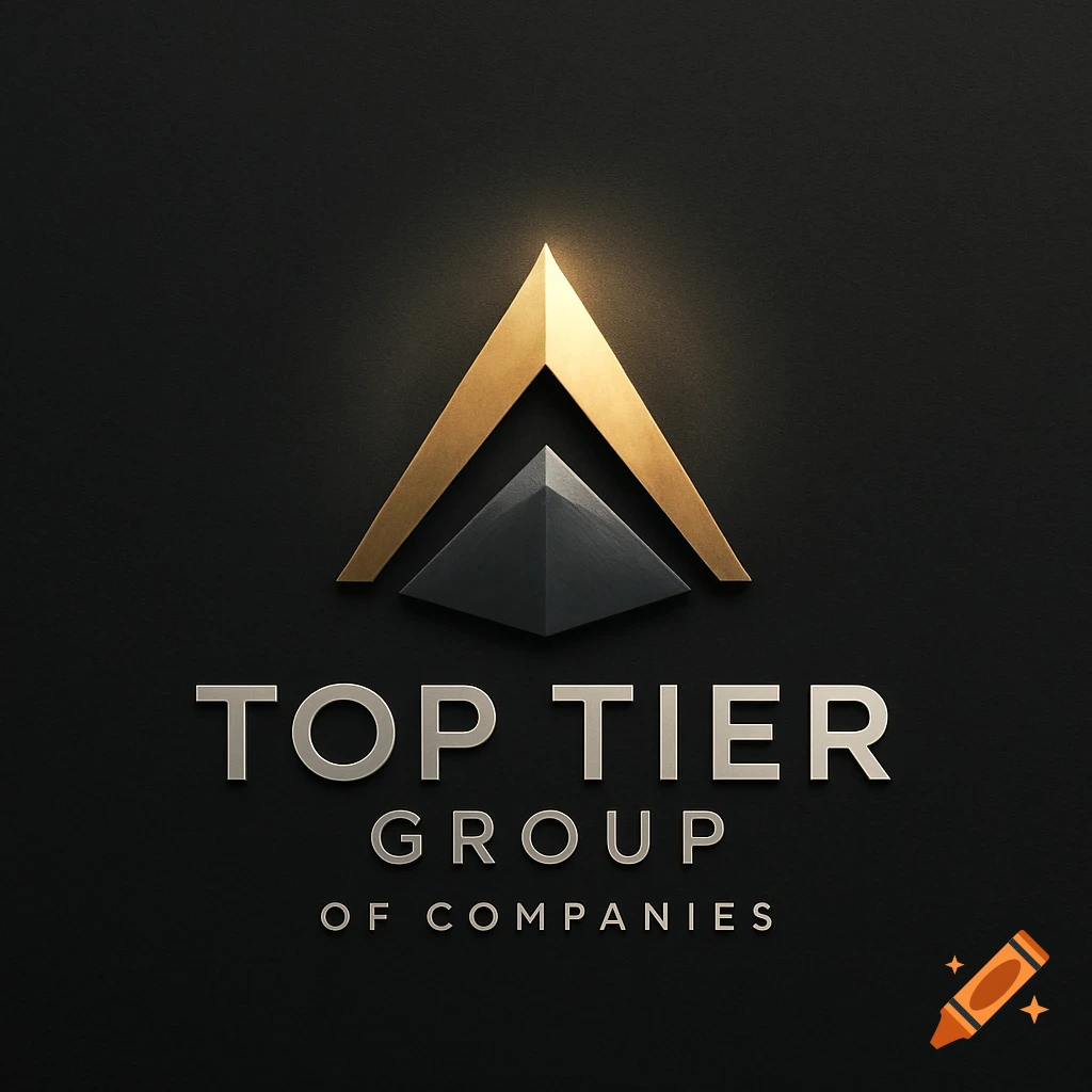 A sleek corporate logo for Top Tier Group of Companies featuring a gold and dark gray abstract 'A' shape above silver text on a dark background.