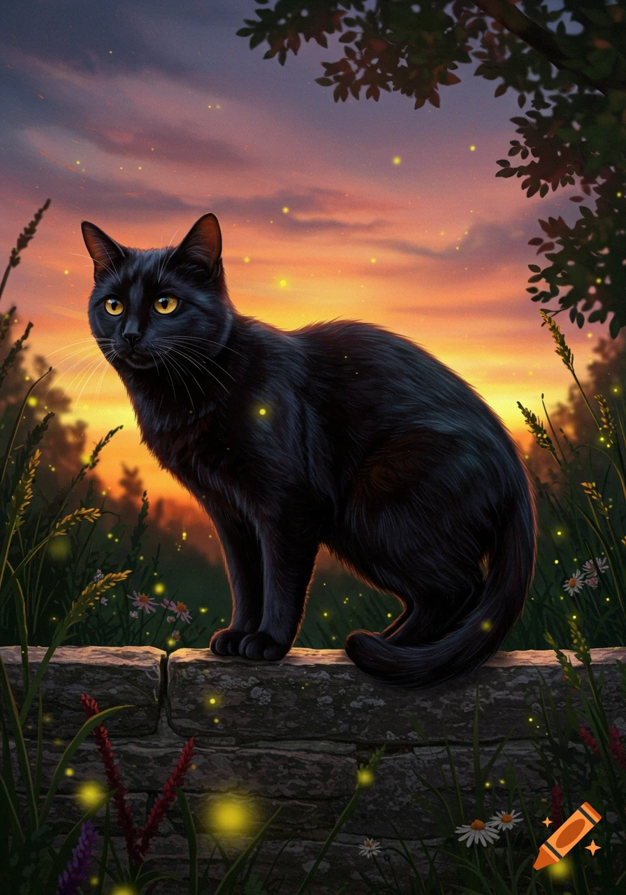 A black cat with yellow eyes sitting on a stone wall at sunset, surrounded by grass and glowing fireflies.